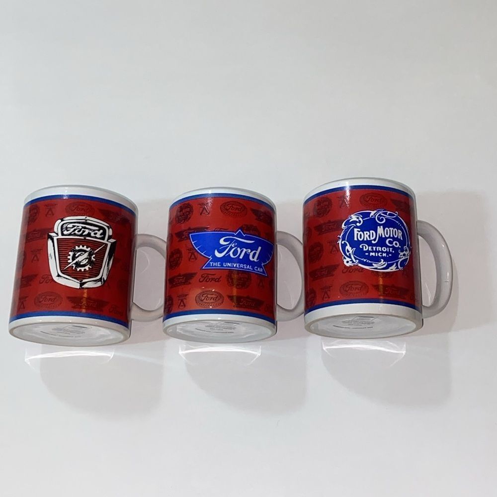 3 Different Four Motor Co Automobile Coffee Mugs Ford Lightning Bolt Crest Red